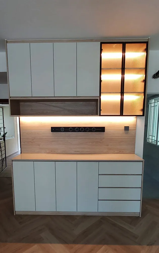 Custom display cabinet with lighting by San Mu in Singapore HDB living room