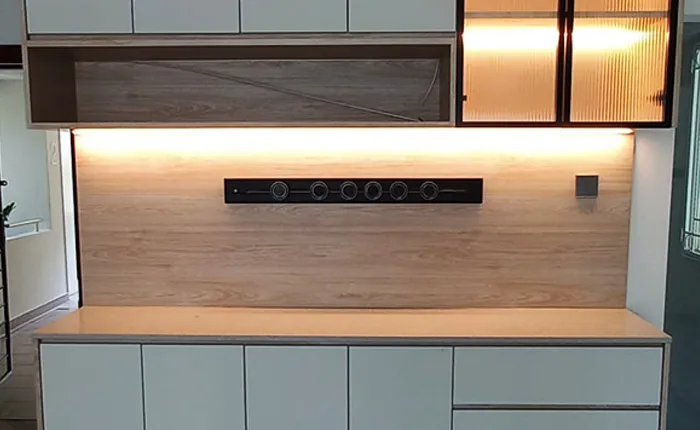 Custom display cabinet with lighting by San Mu in Singapore HDB living room