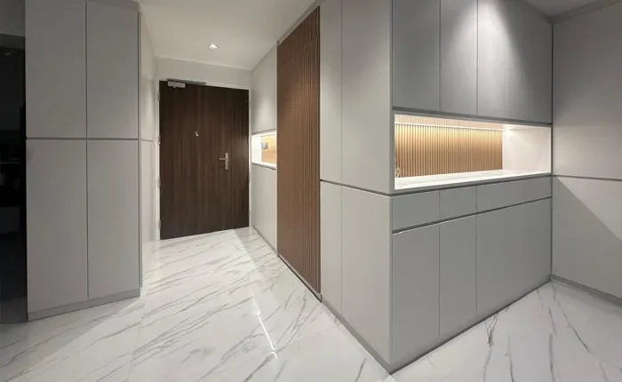Entrance foyer cabinet with shoe storage customised by San Mu for Singapore flat