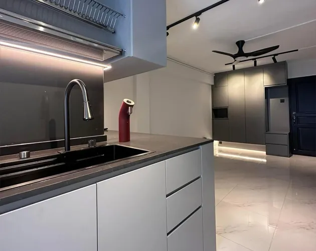 Compact kitchen carpentry renovation with custom upper and lower cabinets by San Mu in Singapore