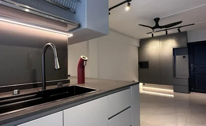 Compact kitchen carpentry renovation with custom upper and lower cabinets by San Mu in Singapore