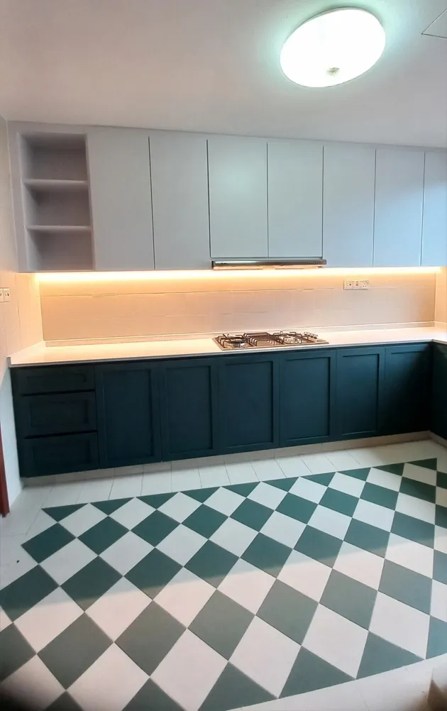 Tall white kitchen cabinets designed for modern HDB kitchen by San Mu, Singapore