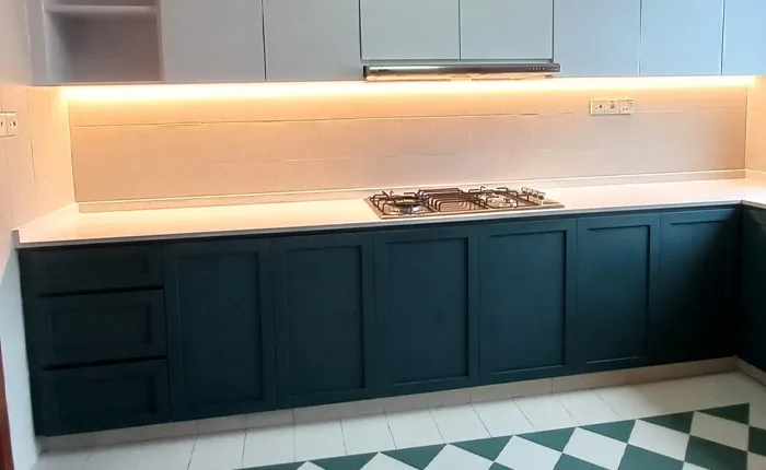 Tall white kitchen cabinets designed for modern HDB kitchen by San Mu, Singapore